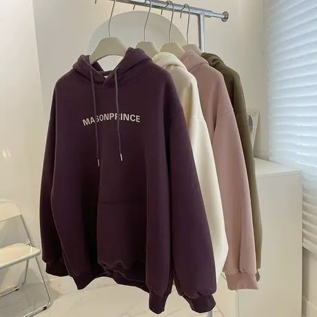 显白小字母加绒连帽卫衣女！冬韩版加厚宽松休闲套头帽衫学生上衣图片