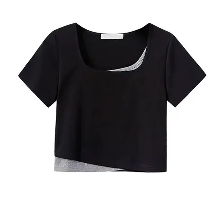 美式复古假两件短袖T恤女装夏季2023新款设计感小众高腰短款上衣图片