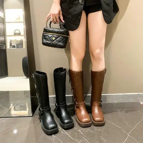 长筒靴女夏季2023年新款复古英伦风不过膝长靴气质粗跟显瘦骑士靴图片