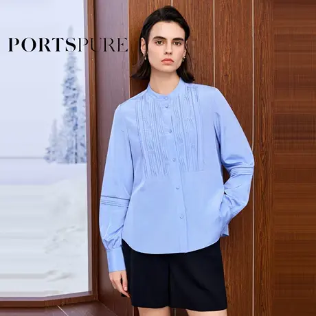 宝姿PORTSPURE女装2025早秋新品设计感优雅小立领压褶桑蚕丝衬衫图片