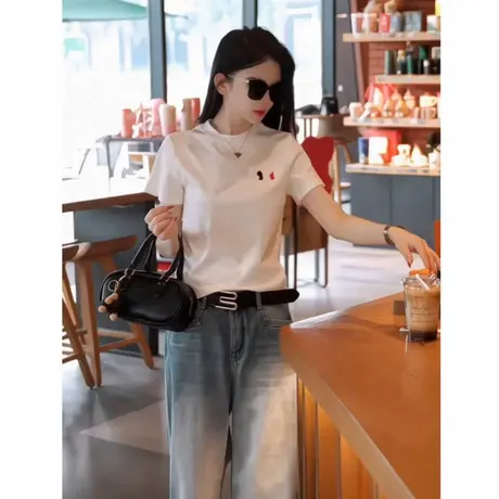 欧货时尚减龄正肩短袖t恤女美式新款高级感气质百搭显瘦简约上衣图片