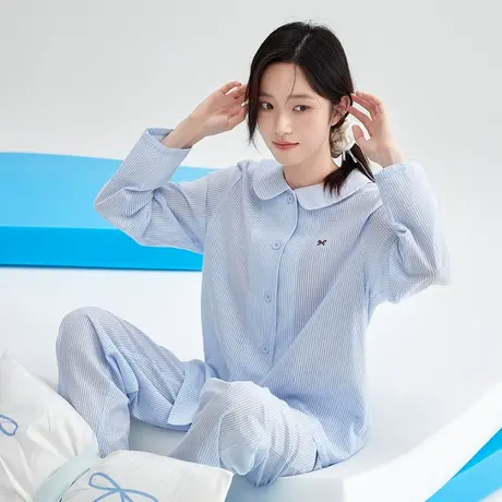 顶瓜瓜女士睡衣春秋季长袖长裤梭织棉纯棉家居服套装可外穿条纹衣商品大图