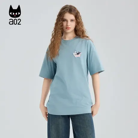 a02黑猫系列宽松圆领短袖T恤女2025秋季新款清爽通勤穿搭秋装上衣商品大图