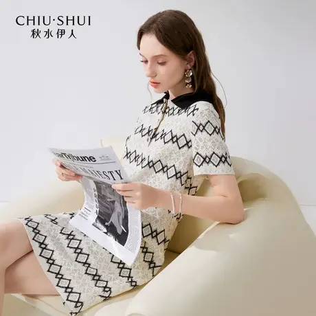 秋水伊人撞色polo领条纹连衣裙2024年夏季新款女显瘦小个子蕾丝裙商品大图