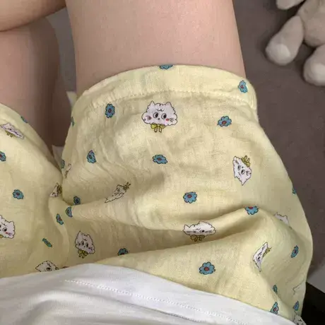 新品~夏季休闲可爱卡通黄色花朵猫猫家居短裤宽松遛弯有口袋外出图片
