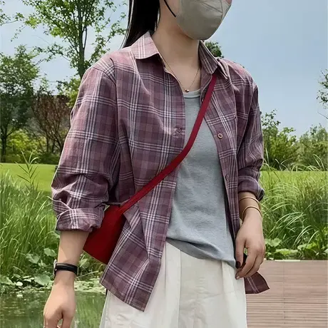 韩版宽松格子衬衫女春秋季新款休闲百搭长袖衬衣时尚打底上衣外套商品大图