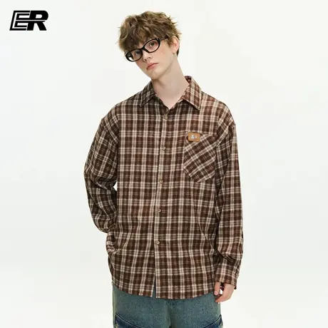 ER古着vintage格子衬衫男长袖秋季潮牌日系复古口袋工装翻领衬衣商品大图