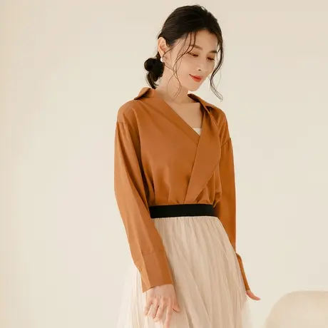 桔熊春秋通勤设计感不对称翻领雪纺衫宽松长袖上衣女大码AB17695商品大图