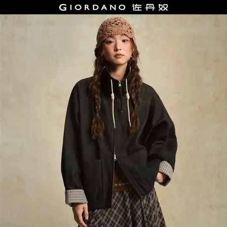 设计师款佐丹奴新款抽绳翻领拼接格纹袖里宽松牛仔外套女18375812商品大图