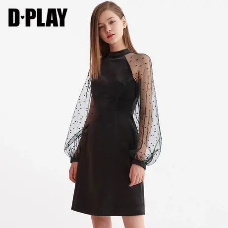 DPLAY德帕拉冬季新品黑色复古丝绒拼接点点刺绣网纱礼服裙女商品大图
