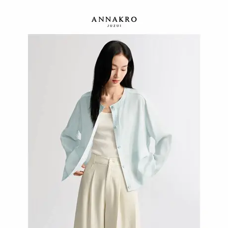 玖姿安娜蔻松弛老钱风圆领单排扣短款醋酸外套女2026春季新款图片