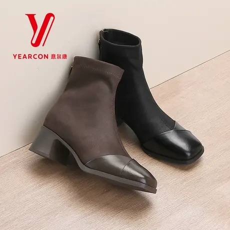 意尔康女靴2025新款秋季真皮短靴女粗跟时装靴子高跟瘦瘦靴短筒靴图片
