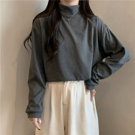 德绒磨毛打底衫女内搭秋冬2023新款韩版宽松长袖T恤加厚加绒上衣商品大图