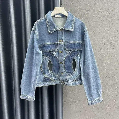 欧货个性镂空辣妹风上衣23秋季新款蓝色假口袋休闲百搭牛仔外套女图片