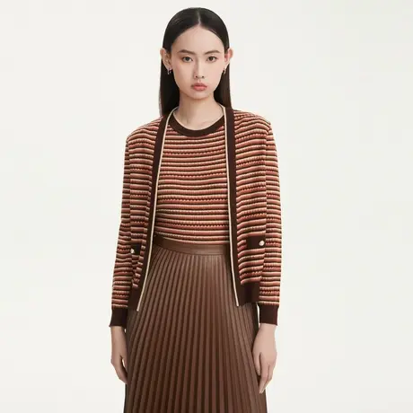 LANCY/悦朗姿秋季新款羊毛条纹针织开衫女长袖休闲通勤短外套商品大图