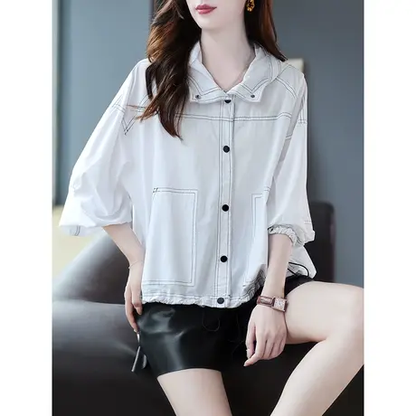 宝诗黎连帽单排扣明线短外套2023早秋新款长袖抽绳棉质宽松薄上衣商品大图
