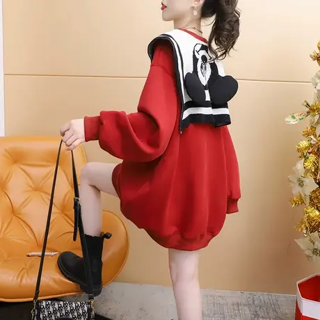 海军领卫衣女加绒加厚中长款2023新款秋冬洋气减龄宽松设计感上衣商品大图