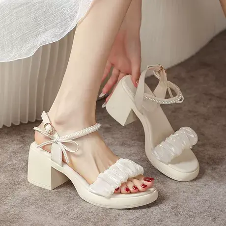 高跟罗马凉鞋女款夏季2023年百搭珍珠温柔配裙子仙女风一字带粗跟商品大图