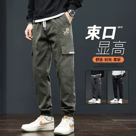 男款高级感拼接束脚加肥加大码工装秋冬季男生军绿色哈伦休闲裤子商品大图