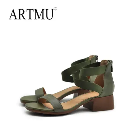 Artmu阿木原创复古真皮粗跟凉鞋2023年新款女夏季百搭露趾凉鞋商品大图