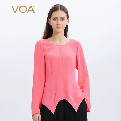 VOA30姆米重磅桑蚕丝粉红圆领长袖简约圆弧尖角摆透气真丝T恤衫图片