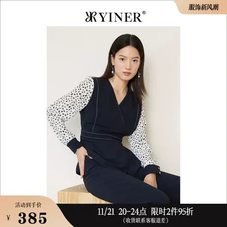 YINER音儿线上专选女装春季时尚收褶印花拼接花边V领衬衫上衣商品大图