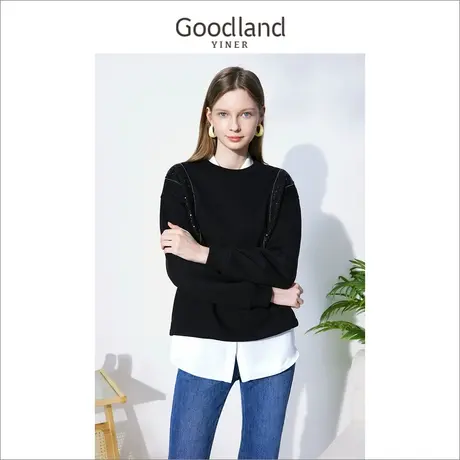 Goodland美地女装冬季亮片设计感套头圆领针织衫商品大图