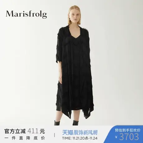 玛丝菲尔2020年夏季新款女装黑色中长款V字流苏镂空风衣外套商品大图