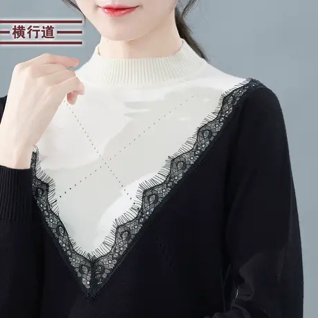2024春装半高领撞色蕾丝休闲宽松长袖针织衫上衣韩版套头毛衣女装图片