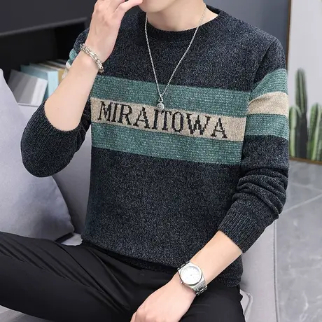 雪尼尔毛衣男秋冬季韩版潮流加绒加厚拼色提花休闲针织打底衫线衣图片