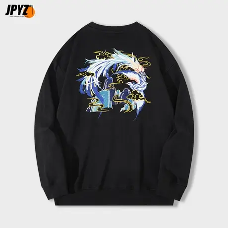 国潮刺绣圆领卫衣男秋款无帽中国风上衣潮牌复古宽松长袖外套潮商品大图