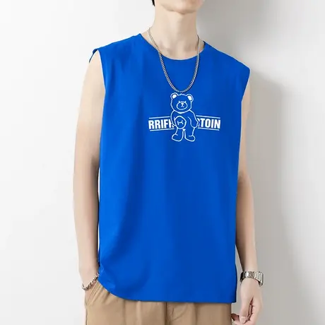 纯棉背心男士夏季宽松健身运动坎肩克莱因蓝小熊印花无袖t恤潮流商品大图
