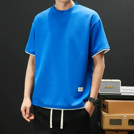 重磅华夫格短袖t恤男潮牌夏季薄款半袖男生体恤冰丝休闲套装衣服商品大图