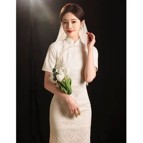 白色旗袍领证登记小个子小白裙蕾丝改良连衣裙日常可穿夏季高级感商品大图