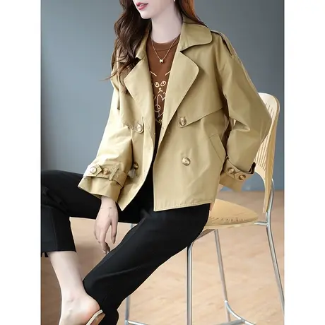 宝诗黎2023新款秋季开衫双排扣时尚宽松短款风衣女棉质英伦风外套商品大图