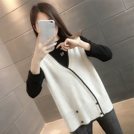 时尚洋气针织背心毛衣女2023年春装韩版V领无袖宽松慵懒外穿马甲图片