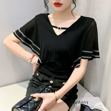 欧货荷叶边短袖T恤女2024夏装新款性感V领网纱小衫重工烫钻上衣潮图片