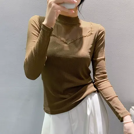 欧货半高领打底衫女内搭时尚手工钉珠网纱上衣气质修身T恤长袖ins图片