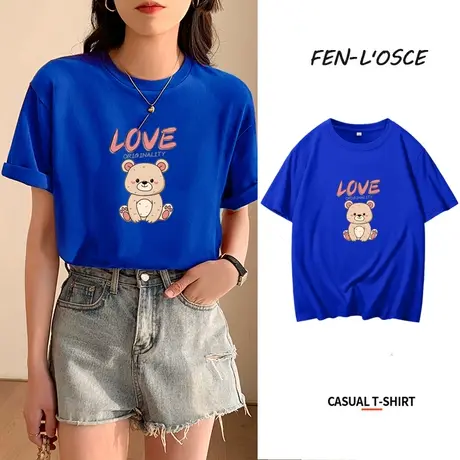 克莱因蓝短袖t恤女夏装2023年新款小熊简约宽松大码半袖纯棉上衣商品大图