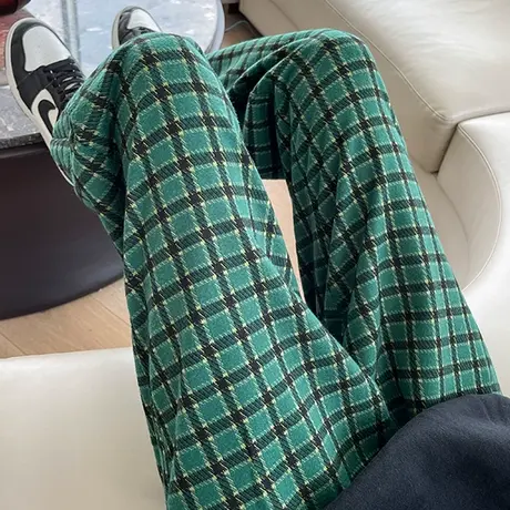绿色格子裤女休闲裤春秋冬季加厚显瘦松紧腰束脚小个子阔腿哈伦裤商品大图
