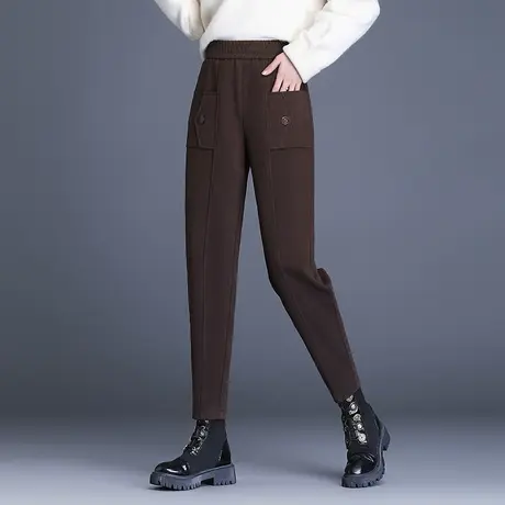 秋冬毛呢哈伦裤女2023新款松紧腰宽松咖色萝卜裤大码九分休闲裤子商品大图
