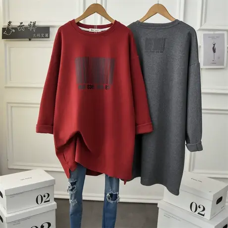 欧货洋气磨毛打底衫女内搭胖mm新款中长款遮臀宽松圆领外穿长袖商品大图