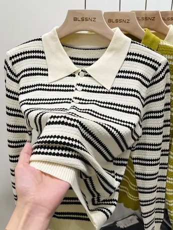 美式polo领针织衫女条纹长袖毛衣2023早秋新款小香风上衣打底衫潮商品大图