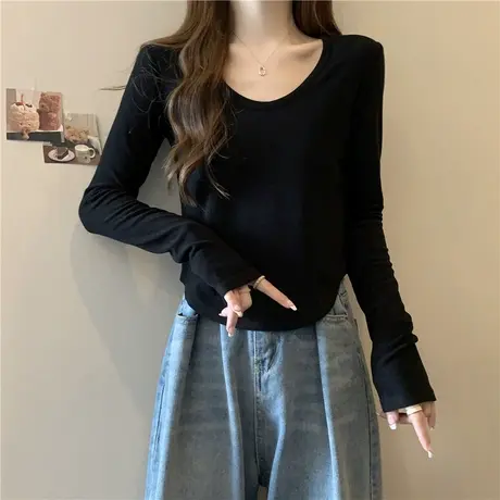 法式U领短款修身T恤女秋冬正肩长袖加绒加厚内搭打底小衫纯欲上衣商品大图