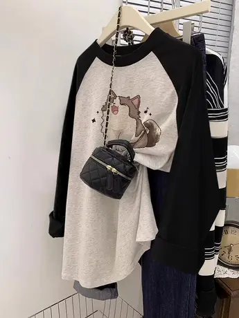 高级感正肩长袖上衣秋装T恤女2023新款ins潮撞色插肩袖内搭打底衫商品大图