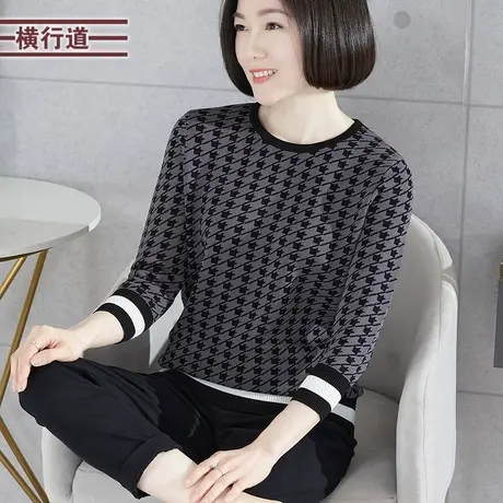 针织衫千鸟格七分袖圆领宽松大码格子衫中年妈妈中袖2025新款春季图片