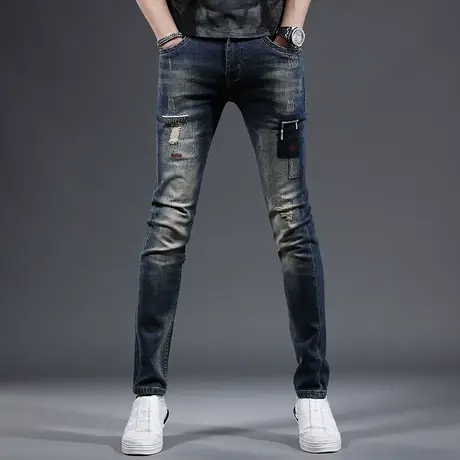 男士牛仔裤春季2023新款修身小脚复古蓝色破洞补丁弹力男装裤子商品大图