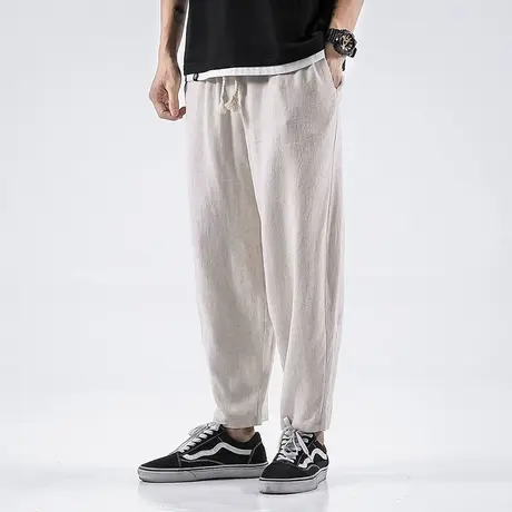 九分裤男棉麻阔腿束脚裤中国风加肥加大码潮灯笼裤男装收口休闲裤商品大图