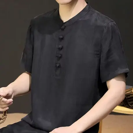 短袖T恤男盘扣夏季薄款男士冰丝套头宽松衬衫中国风休闲舒适衬衣商品大图