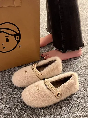 网红平底毛毛鞋女2023年秋冬新款一字扣法式玛丽珍鞋仙女风棉瓢鞋商品大图